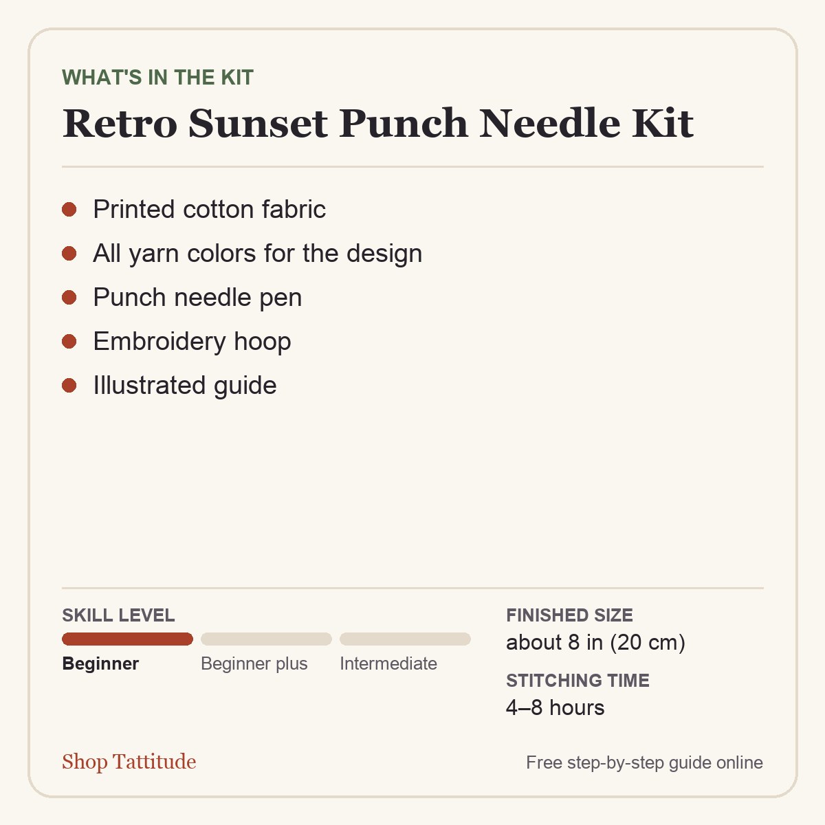What's in the kit - Retro Sunset Punch Needle Kit for Beginners, Pen & Hoop Included