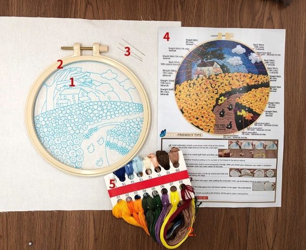 Aurora kit laid out: printed fabric, hoop, floss, needles and instructions