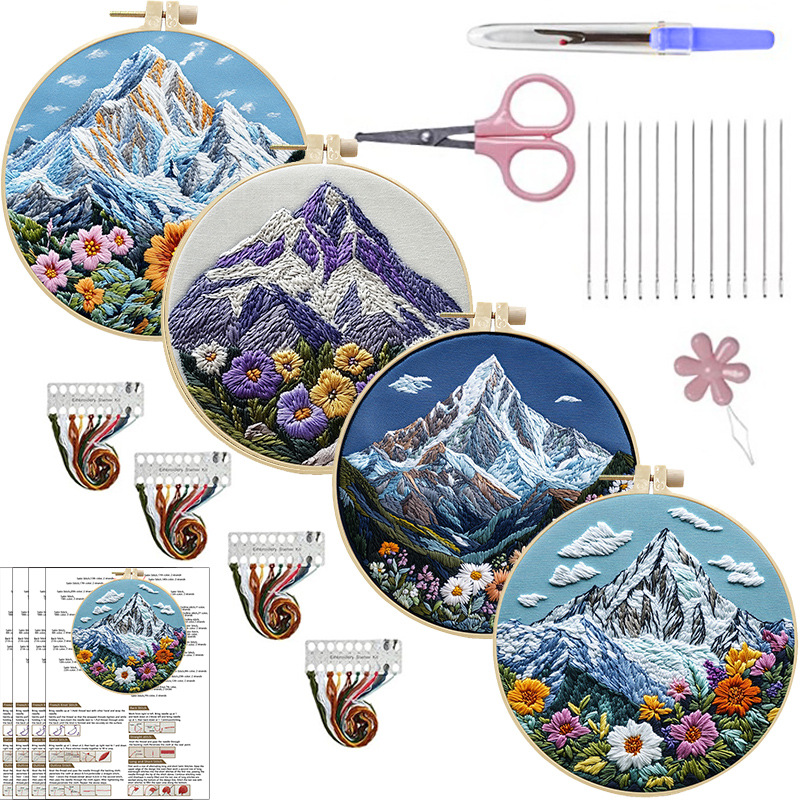 Mountain Wildflower Embroidery Kit Set of 4, Hoop & Needle