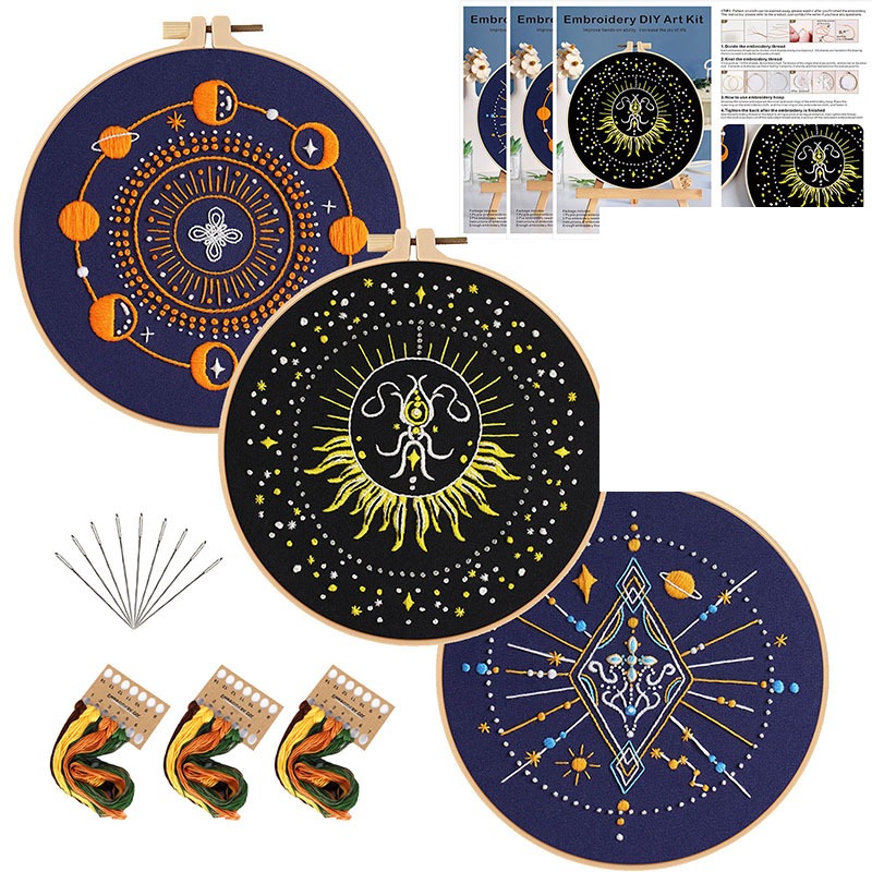 Celestial kit contents: printed fabrics, floss boards and needles