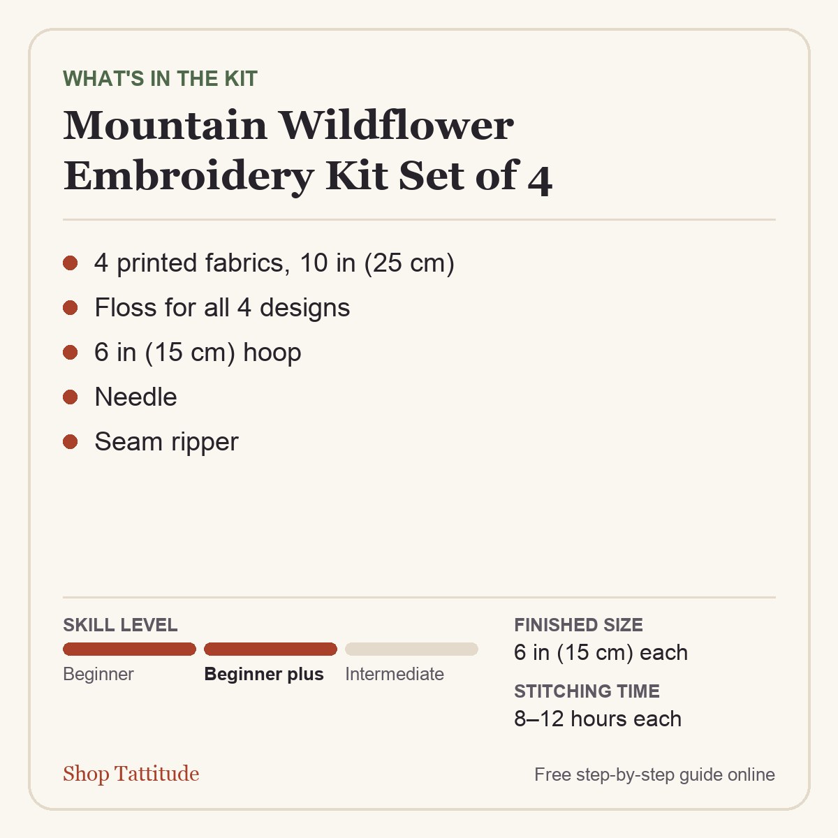What's in the kit - Mountain Wildflower Embroidery Kit Set of 4, Hoop & Needle