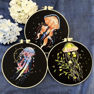 Jellyfish Embroidery Kit Set of 3 – Glowing Ocean Hoop Art Gift