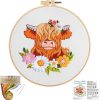 Highland Cow, Frog & Moth Embroidery Kit for Beginners with Hoop