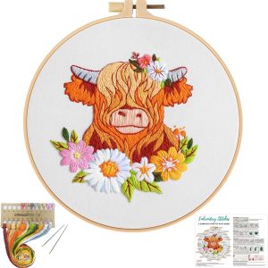 Highland Cow, Frog & Moth Embroidery Kit for Beginners with Hoop