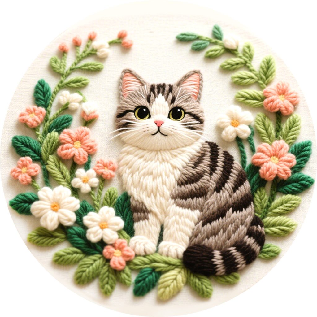 Tabby Cat & Flowers Embroidery Kit for Beginners