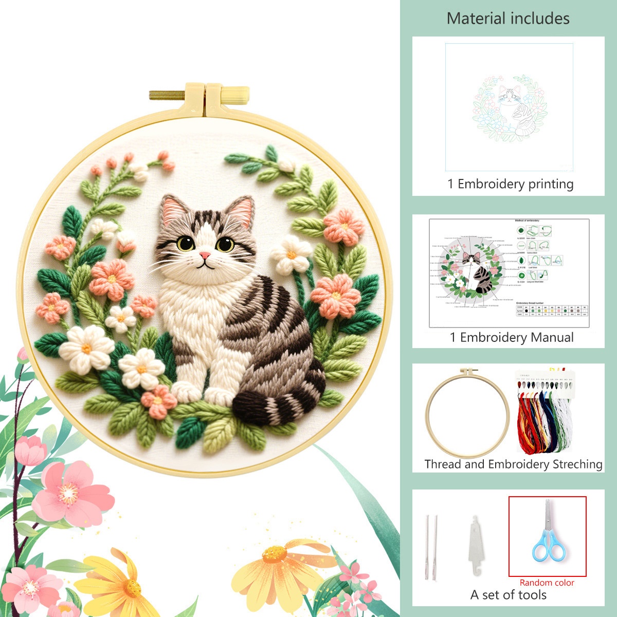 Tabby Cat & Flowers Embroidery Kit for Beginners - Image 2